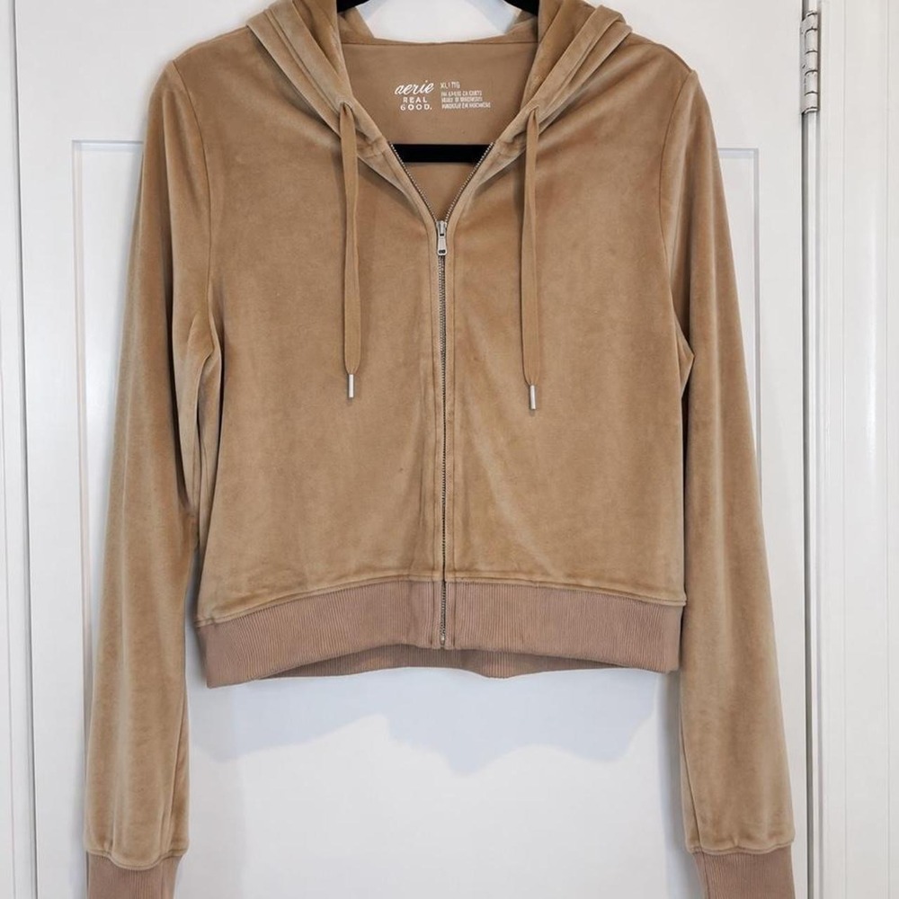 Aerie Real Good Tan Velour Zip-Up Hoodie — Size XL